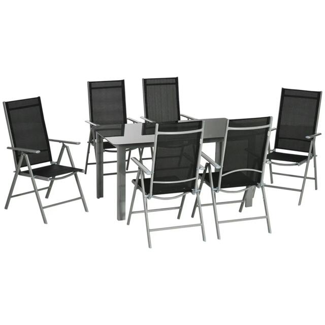 Rackhams 7 Piece Garden Dining Set, Outdoor Table and 6 Folding and Reclining Chairs, Aluminium Frame, Tempered Glass Top Table, Texteline Seats, Black - Black - image 1