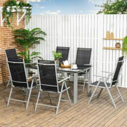 Rackhams 7 Piece Garden Dining Set, Outdoor Table and 6 Folding and Reclining Chairs, Aluminium Frame, Tempered Glass Top Table, Texteline Seats, Black - thumbnail 2
