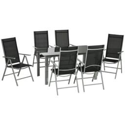 Rackhams 7 Piece Garden Dining Set, Outdoor Table and 6 Folding and Reclining Chairs, Aluminium Frame, Tempered Glass Top Table, Texteline Seats, Black - thumbnail 1