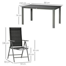 Rackhams 7 Piece Garden Dining Set, Outdoor Table and 6 Folding and Reclining Chairs, Aluminium Frame, Tempered Glass Top Table, Texteline Seats, Black - thumbnail 3