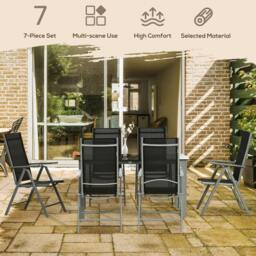 Rackhams 7 Piece Garden Dining Set, Outdoor Table and 6 Folding and Reclining Chairs, Aluminium Frame, Tempered Glass Top Table, Texteline Seats, Black - thumbnail 4