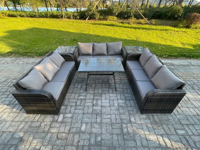 Rackhams 9 Seater Wicker Rattan Garden Furniture Set with Rectangular Dining Table 2 Side Tables Patio Outdoor Lounge Sofa Set - image 1