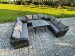 Rackhams 9 Seater Wicker Rattan Garden Furniture Set with Rectangular Dining Table 2 Side Tables Patio Outdoor Lounge Sofa Set - thumbnail 2