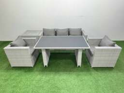 Rackhams Patio Garden Furniture Sets with Black Glass Top Dining Table Armchair 3 Seater Sofa Side Table Light Grey - thumbnail 1