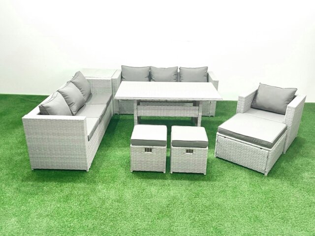 Rackhams 8 Pieces Outdoor Rattan Sofa Set with Cushions Patio Garden Furniture Sets with Armchair Dining Table Side Table 3 Footstools - image 1
