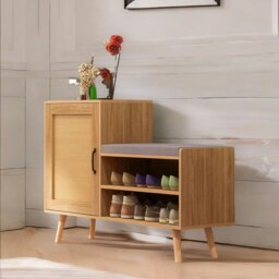 Rackhams Wooden Shoe Storage Bench With Cushioned Seat and Cabinet Brown - thumbnail 6