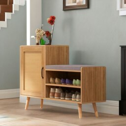 Rackhams Wooden Shoe Storage Bench With Cushioned Seat and Cabinet Brown