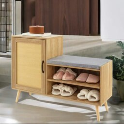 Rackhams Wooden Shoe Storage Bench With Cushioned Seat and Cabinet Brown - thumbnail 3