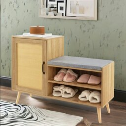 Rackhams Wooden Shoe Storage Bench With Cushioned Seat and Cabinet Brown - thumbnail 2