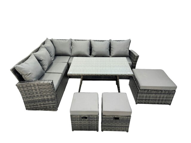 Rackhams 9 Seater High Back Rattan Garden Furniture Set Corner Sofa With Oblong Dining Table 3 Footstool - image 1