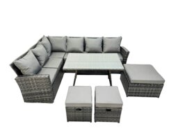 Rackhams 9 Seater High Back Rattan Garden Furniture Set Corner Sofa With Oblong Dining Table 3 Footstool - thumbnail 1
