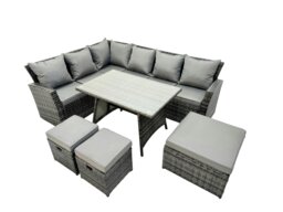 Rackhams 9 Seater High Back Rattan Garden Furniture Set Corner Sofa With Oblong Dining Table 3 Footstool - thumbnail 2