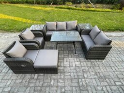 Rackhams 8 Seater High Back PE Rattan Outdoor Dining Set - Reclining Chair, 3-Seater Sofa, Loveseat & 2 Side Tables - thumbnail 1