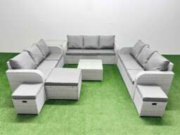 Rackhams PE Rattan Lounge Sofa Set 12 Seater Outdoor Garden Furniture Set with Square Coffee Table 3 Seater Sofa 3 Stools Side Table Light Grey - thumbnail 1