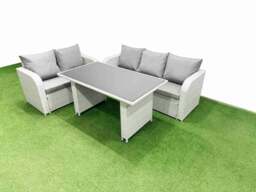Rackhams Garden Furniture Set PE Ratten Garden Sofa Set with Rectangular Dining Table Light Grey