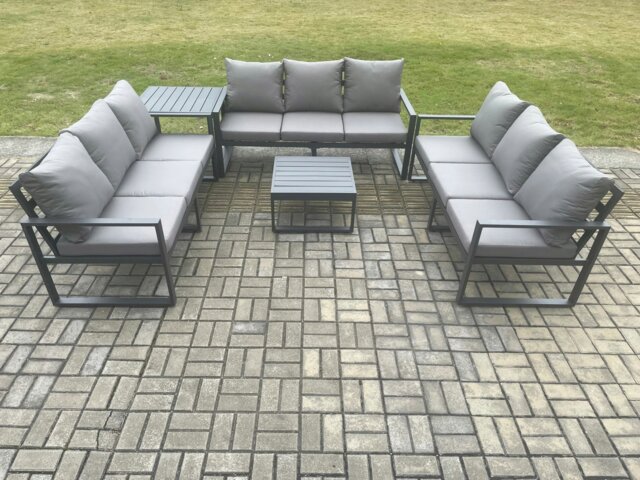 Rackhams Aluminium 9 Seater Outdoor Garden Furniture Set Patio Lounge Sofa with Square Coffee Table Side Table Conservatory Set Dark Grey - image 1