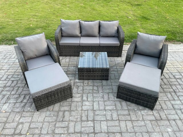 Rackhams 7 Seater High Back Rattan Garden Furniture Set with Square Coffee Table 2 Big Footstool Indoor Outdoor Patio Lounge Sofa Set Dark Grey Mixed - image 1