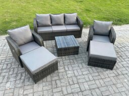 Rackhams 7 Seater High Back Rattan Garden Furniture Set with Square Coffee Table 2 Big Footstool Indoor Outdoor Patio Lounge Sofa Set Dark Grey Mixed - thumbnail 2