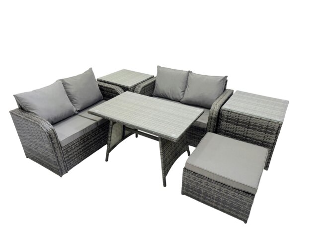 Rackhams 5 Seater Garden Outdoor Rattan Furniture Set Rattan Sofa Oblong Dining Table with 2 Side Table Dark Grey - image 1