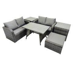 Rackhams 5 Seater Garden Outdoor Rattan Furniture Set Rattan Sofa Oblong Dining Table with 2 Side Table Dark Grey - thumbnail 1