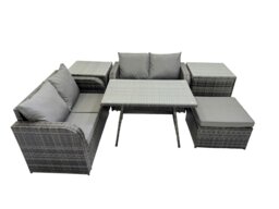Rackhams 5 Seater Garden Outdoor Rattan Furniture Set Rattan Sofa Oblong Dining Table with 2 Side Table Dark Grey - thumbnail 2