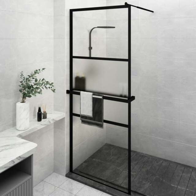 Rackhams Walk-in Shower Wall with Shelf Black 80x195 cm ESG Glass&Aluminium - Half frosted ESG glass, aluminium, stainless steel