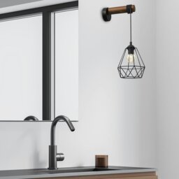 Rackhams Acero Wall Lamp 1XE27 This Hand Made Industrial Style Lamp Is Hand Made from Sleek Black Steel And Natural Dark Wood - thumbnail 5