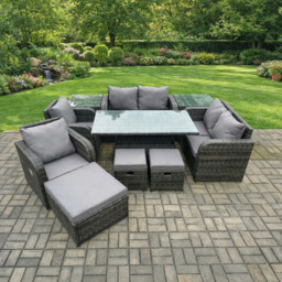 Rackhams 9 Seater Rattan Garden Furniture Set with Height Adjustable Dining Table, 2 Chairs, 2 Sofas, 2 Side Tables & 3 Footstools - Dark Grey - thumbnail 1