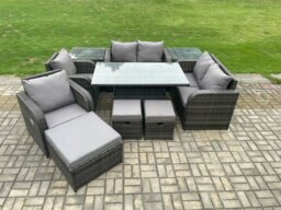 Rackhams 9 Seater Rattan Garden Furniture Set with Height Adjustable Dining Table, 2 Chairs, 2 Sofas, 2 Side Tables & 3 Footstools - Dark Grey - thumbnail 2