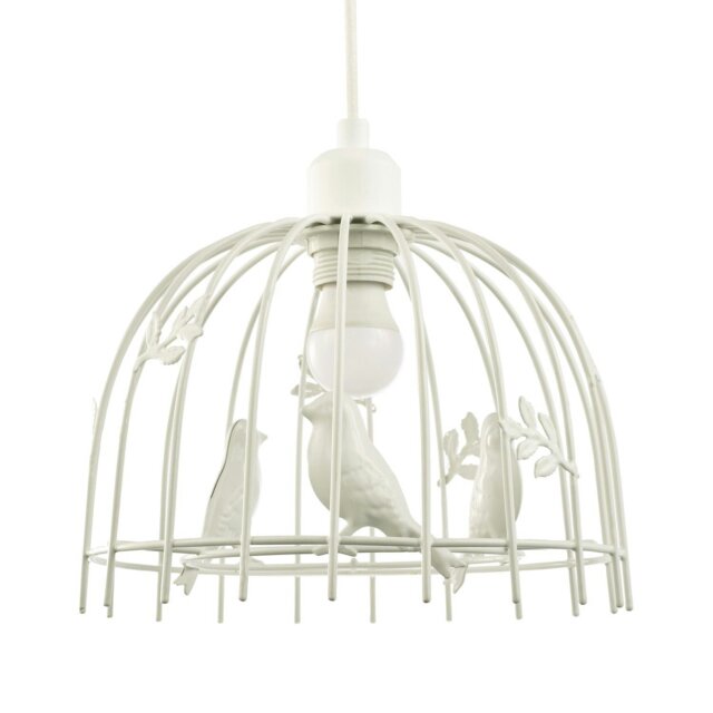 Rackhams Birdcage Pendant Shade in White Gloss Metal with Birds and Leaves - Shabby Chic - image 1
