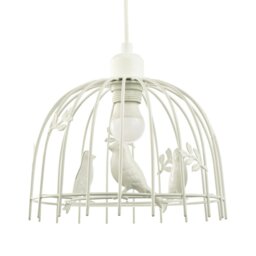 Rackhams Birdcage Pendant Shade in White Gloss Metal with Birds and Leaves - Shabby Chic