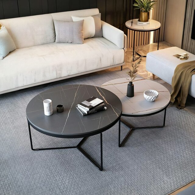 Rackhams Iver Stone Round Nesting Coffee Table Set, Black & White - Black / L (80cm) + Black / S (60cm)
