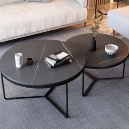 Rackhams Iver Stone Round Nesting Coffee Table Set, Black & White - Black / L (80cm) + Black / S (60cm) - thumbnail 5