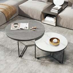Rackhams Iver Stone Round Nesting Coffee Table Set, Black & White - Black / L (80cm) + Black / S (60cm) - thumbnail 2