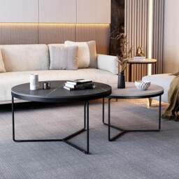 Rackhams Iver Stone Round Nesting Coffee Table Set, Black & White - Black / L (80cm) + Black / S (60cm) - thumbnail 4