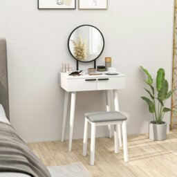Rackhams Dressing Table Vanity Set Make Up Desk with Mirror & Stool White - White - Yes - Round - thumbnail 3