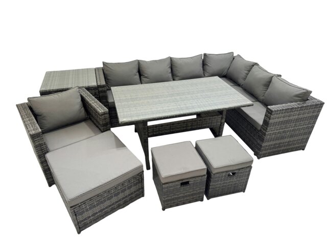 Rackhams Rattan Garden Furniture Set Outdoor 10 Seater Patio Dining Corner Sofa Sets with Dining Table Chair Big Stool Side Table Dark Grey Mixed - image 1