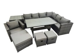 Rackhams Rattan Garden Furniture Set Outdoor 10 Seater Patio Dining Corner Sofa Sets with Dining Table Chair Big Stool Side Table Dark Grey Mixed - thumbnail 1