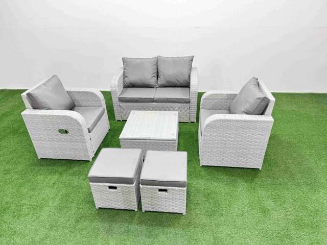 Rackhams Light Grey PE Wicker Rattan Garden Furniture Set Sofa Set Reclining Adjustable Chair Square Coffee Table 6 Seater 2 Small Stools - image 1