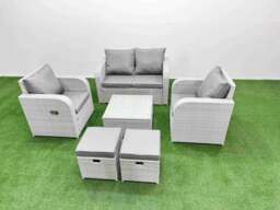 Rackhams Light Grey PE Wicker Rattan Garden Furniture Set Sofa Set Reclining Adjustable Chair Square Coffee Table 6 Seater 2 Small Stools - thumbnail 1