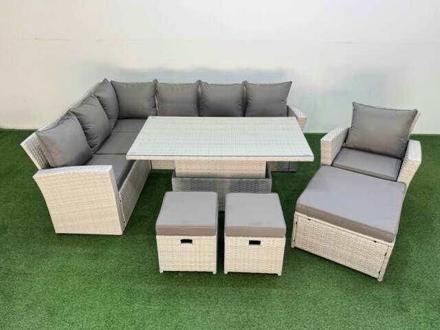 Rackhams 10 Seat Rattan Outdoor Garden Furniture Corner Sofa Set Adjustable Lifting Dining or Coffee Table Set with 3 Footstools Light Grey - image 1