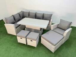 Rackhams 10 Seat Rattan Outdoor Garden Furniture Corner Sofa Set Adjustable Lifting Dining or Coffee Table Set with 3 Footstools Light Grey - thumbnail 2