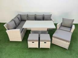 Rackhams 10 Seat Rattan Outdoor Garden Furniture Corner Sofa Set Adjustable Lifting Dining or Coffee Table Set with 3 Footstools Light Grey - thumbnail 1