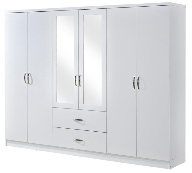Rackhams Paddington 6 Door 2 Drawer Mirrored Wardrobe - White and Chrome - image 1