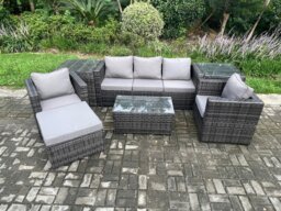 Rackhams Outdoor Rattan Garden Lounge Sofa Set - Dark Grey Mixed Patio Furniture with 3-Seater Sofa, Coffee Table, 2 Armchairs & Big Footstool - thumbnail 1