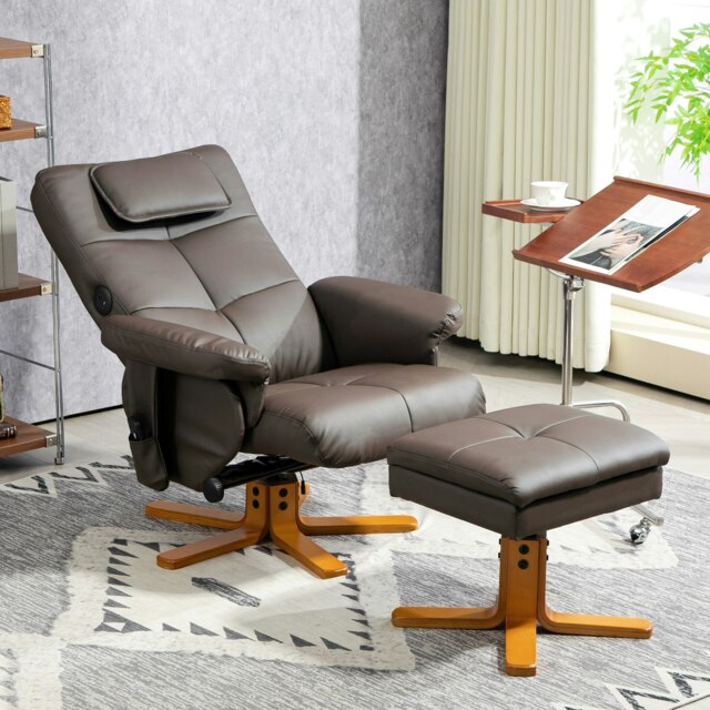 Rackhams Massage Recliner Chair with Footstool Hidden Storage - Dark brown - PU Leather, Wood - image 1