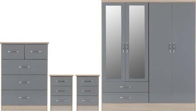Rackhams Nevada 4 Door Wardrobe 4 Piece Bedroom Set - Grey Gloss and Light Oak - image 1