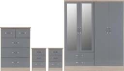 Rackhams Nevada 4 Door Wardrobe 4 Piece Bedroom Set - Grey Gloss and Light Oak - thumbnail 1