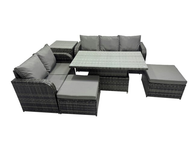 Rackhams Rattan Garden Furniture Dining Set 7 seater Patio Height Adjustable Rising Lifting Table Sofa Set with Side Table Dark Grey Mixed - image 1