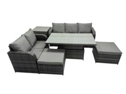 Rackhams Rattan Garden Furniture Dining Set 7 seater Patio Height Adjustable Rising Lifting Table Sofa Set with Side Table Dark Grey Mixed - thumbnail 1
